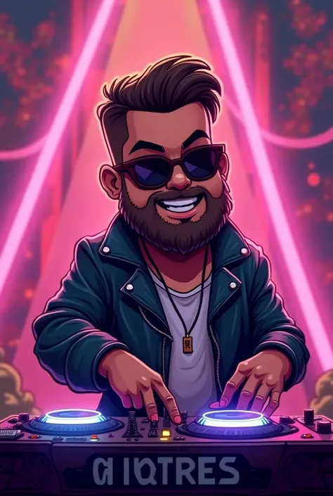 Cartoon 
Cute Gordo DJ with sunglasses with short hair and short beard Moroccan who has a console that has neon lights with a leather jacket perfect hands 
What does DJ Mauri fix
