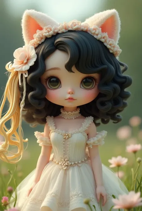 Do hello kitty with curly black hair with blonde and very long locks and white princess clothes