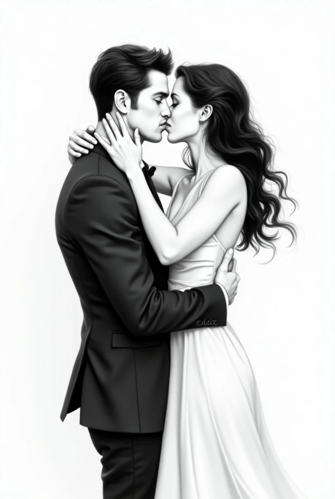 Create a black and white drawing of a man with shape  ,high, White, with a striking gaze,  wearing a suit kissing a delicate black haired woman with a sweet personality , she was wearing a loose dress involving passion between the two , as if it were her f...