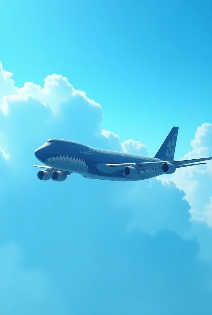 747 Boeing , painted like a shark, blue skies, wispy clouds