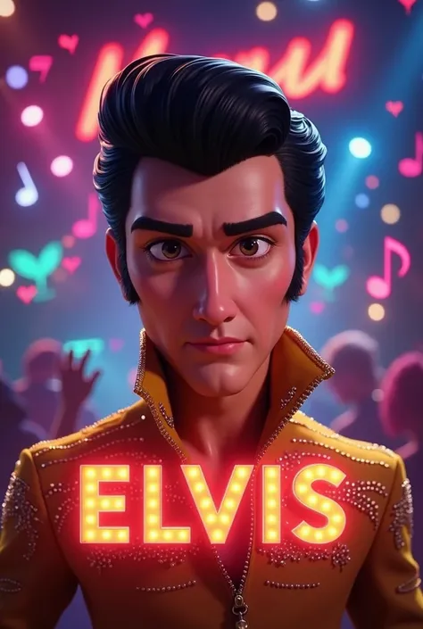 A vibrant Pixar-style movie poster titled "ELVIS," featuring a cartoonish Elvis Presley with expressive eyes, front-facing, surrounded by vivid neon colors, textured musical notes, and a lively Memphis backdrop.