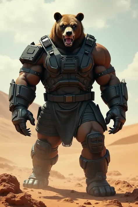 bear-headed hulk wearing black military costume in a desert