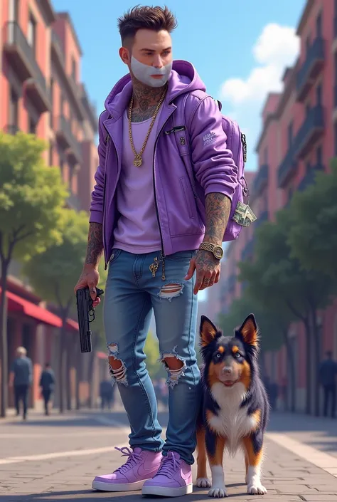 tattooed,   purple leather jacket ,  ripped jeans ,  sneakers Nike air violet ,  pastel purple t-shirt Nike , Gun in the right hand,  a pastel lilac Nike backpack with 100 euro bills, left hand with an American cuff  , gold cord around the neck ,  border c...