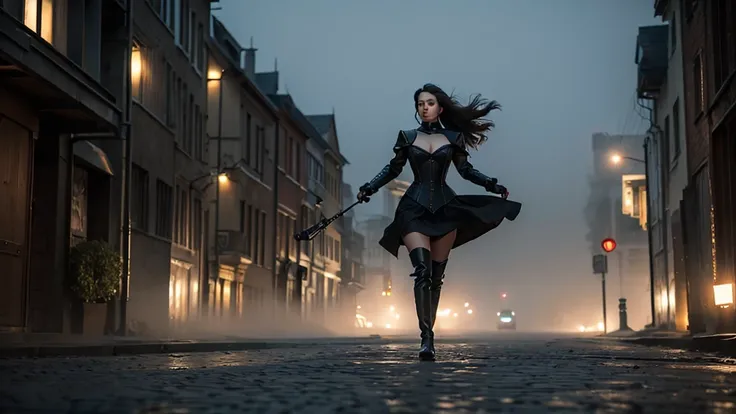 The spy moves silently through the fog-filled alley, her knee-high boots treading softly on the cobblestone as she trails her quarry. Her corset is sleek and dark, accentuating her figure under her coat, and a soft breeze lifts her tousled hair. The only s...