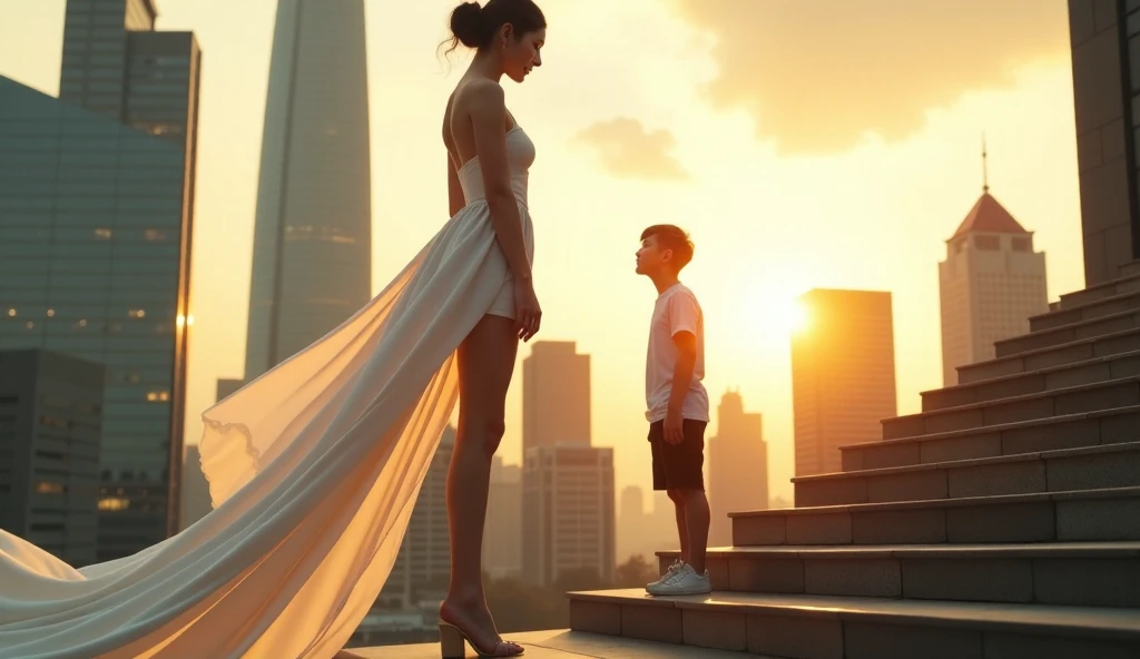 A cinematic scene viewed from an eye-level perspective, looking up slightly. The female protagonist is an impossibly tall Chinese woman, standing like a towering giant in a modern city setting. Her immense height dominates the frame, with her legs stretchi...