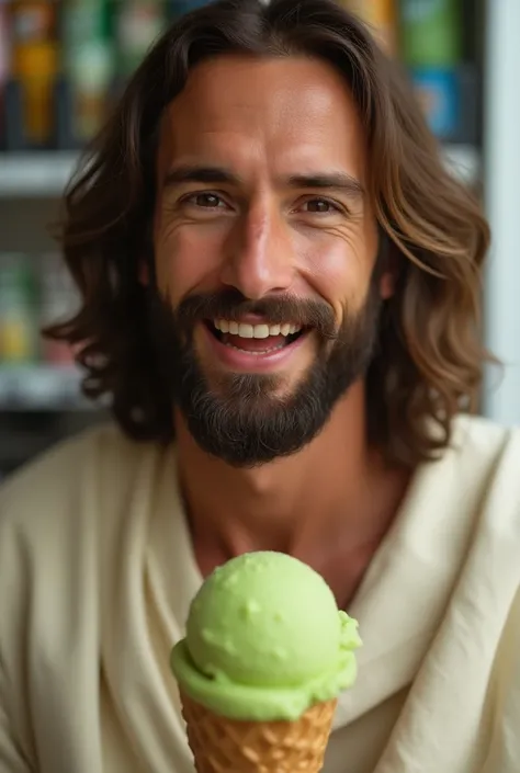  Jesus Christ is surprised to eat matcha ice cream .  He is having fun and laughing .  he is shining Jesus of Nazareth is portrayed as a gentle,  kind man with shoulder-length hair .  His wavy brown hair falls over his shoulders .   His face conveys deep w...