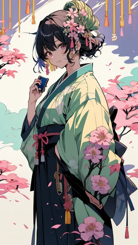 anime girl In kimono outfit holding a cell phone and looking at the screen, From the Sengoku period,  背景teeth西川資信 ,  inspired by Seikage Kusumi , Inspired by Fujiwara Takanobu,  inspired by Ayakoji Ayako , In kimono, inspired by Matsuno Chikanobu,  teeth、花...