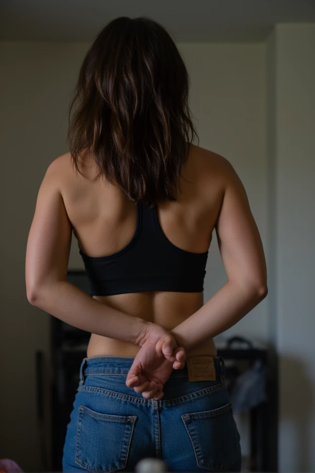 athletic beautiful mid 30s asian woman wearing sports bra and jeans handcuffed behind back at home. photo taken from behind. thick upper arms. well lit. photograph