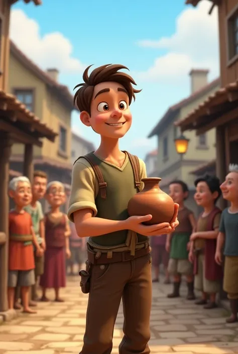 
  a 25-year-old craftsman with short brown hair and simple, worn clothes,

 Lucas showing the vase to the village :
   "Lucas, with a proud smile ,  stands in the middle of a small village ,  holding a beautifully crafted ceramic vase . The villagers,  a ...