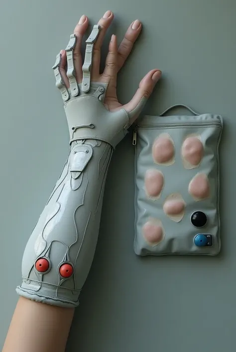 a glove that only covers the palm and the back of the wrist that has three buttons, red,  through the veins on the back of the hand,  and a black on/off button and next to it a nylon bag that has 6 small patches of the same size skin color inside
