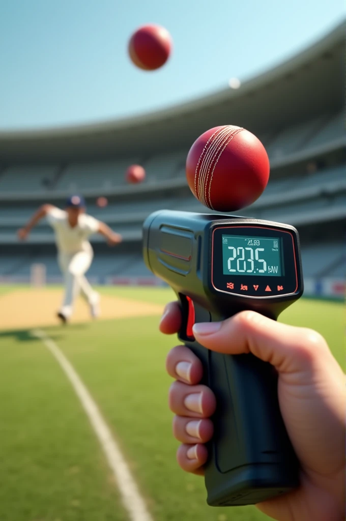 Speed radar gun and a cricket ball in motion.