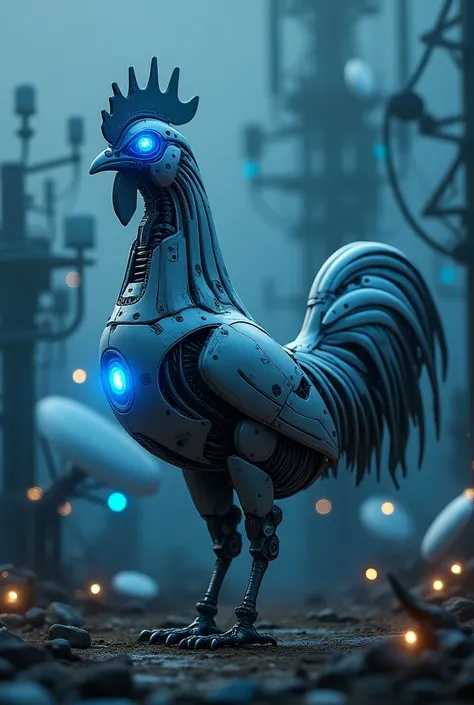 Create an image of a rooster robot built with blue lights and surrounding it has telecommunications objects