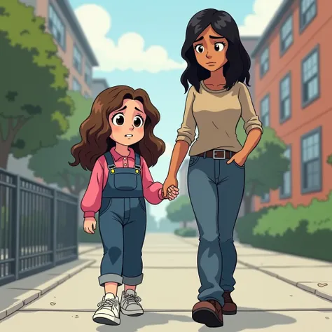 {{ A cartoon style illustration from Marvel 2000s with matte colors }}, showing {{ Matilda crying and walking down the sidewalk hand in hand with her mother}} Who is showing an expression of seriousness . {{{Matilda is  , wavy brown hair down to the should...