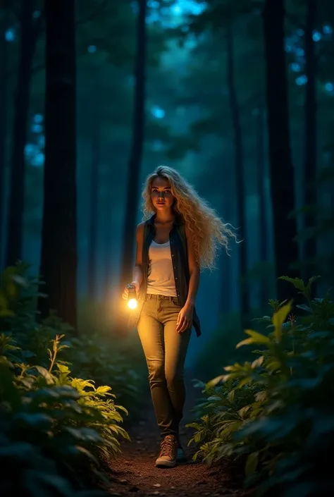 A blonde woman with curlers who is a version of exploring a forest with a flashlight and is a tourist 