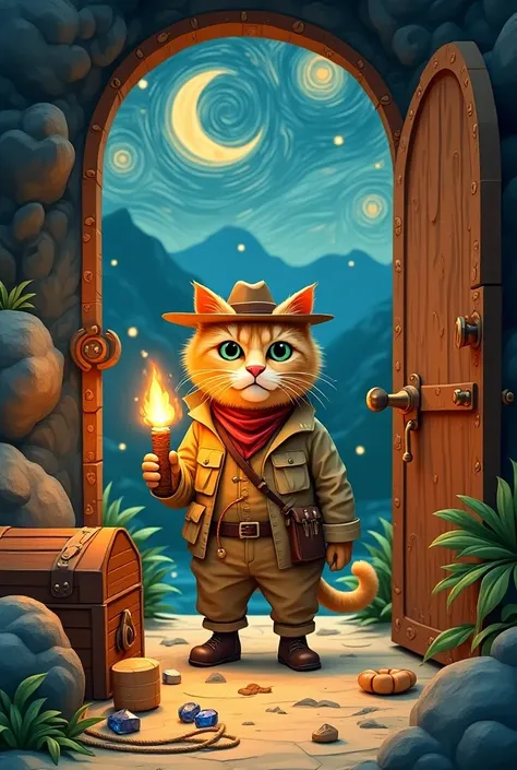 (((Explorer cat, wearing safari jacket, toupee, holding dynamite with lit fuse, serious face))), various gemstones, treasure chest, inside cave, big door, psychedelic art by Alphonse Mucha, paper cutting, solo, Paper Art Girl: 1.45), paper illustration, Va...