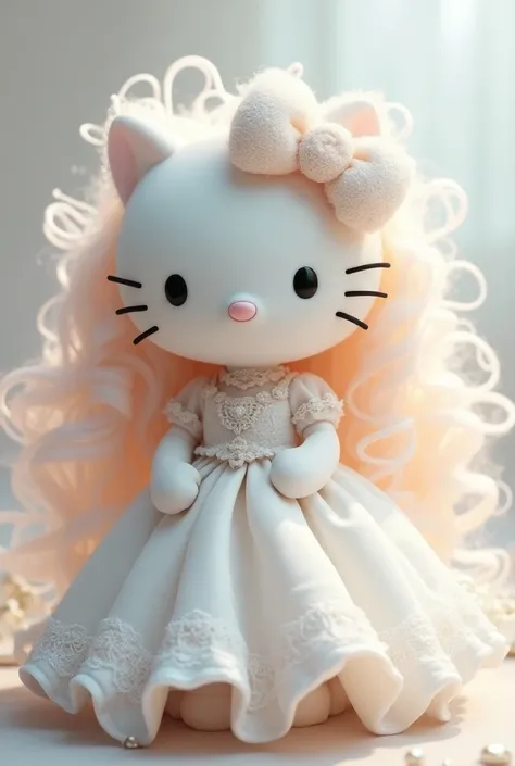 Do hello kitty with very long curly hair and white princess clothes 