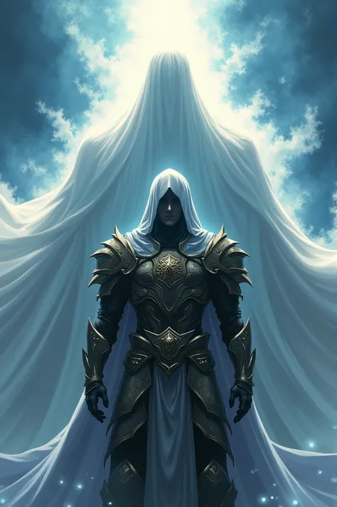 Create a person with the silhouette of a god behind him but in the anime style and that the person has armor and a sword but that the god has a white coat and that the persons face has a shadow that does not allow his face to be seen