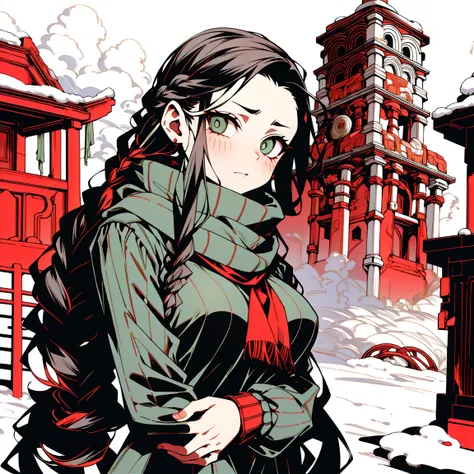  score_9,  score_8_up,  score_7_up, sauce_Anime, Aamitsuri, Long Hair,  braided , Multicolored Hair, green eyes,  under eye mole,  big breasts at the temple, Winter clothes, scarf, Park, Outdoor, upper body,  straddle a sexy woman who puts her hands on her...