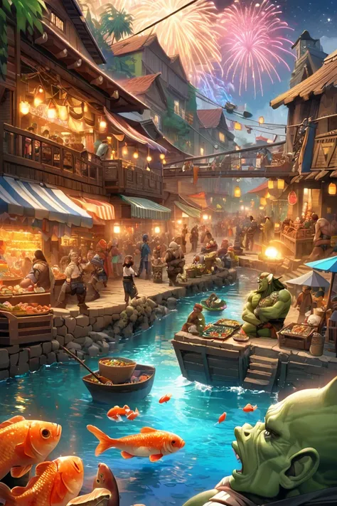 War Game 2D, RPG Style, Jungle Town Market, Humans vs Orcs, Master Piece, High detailed cyberpunk effects and elements, River, Food, Gold, Silver, Merchants, Fireworks, Cosmic sky, Koi Fish, Fisherman.