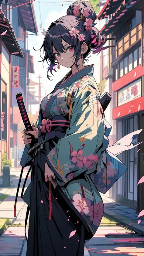  anime girl  In kimono outfit holding a sword in front of a gate, katana, Gwaiz, Burning, Anime Cover, In kimono, In kimono, Anime Art, artwork in the style of Gwaiz,   anime style artwork  , Nightcore, From the Sengoku period, She has a sword,   anime gir...