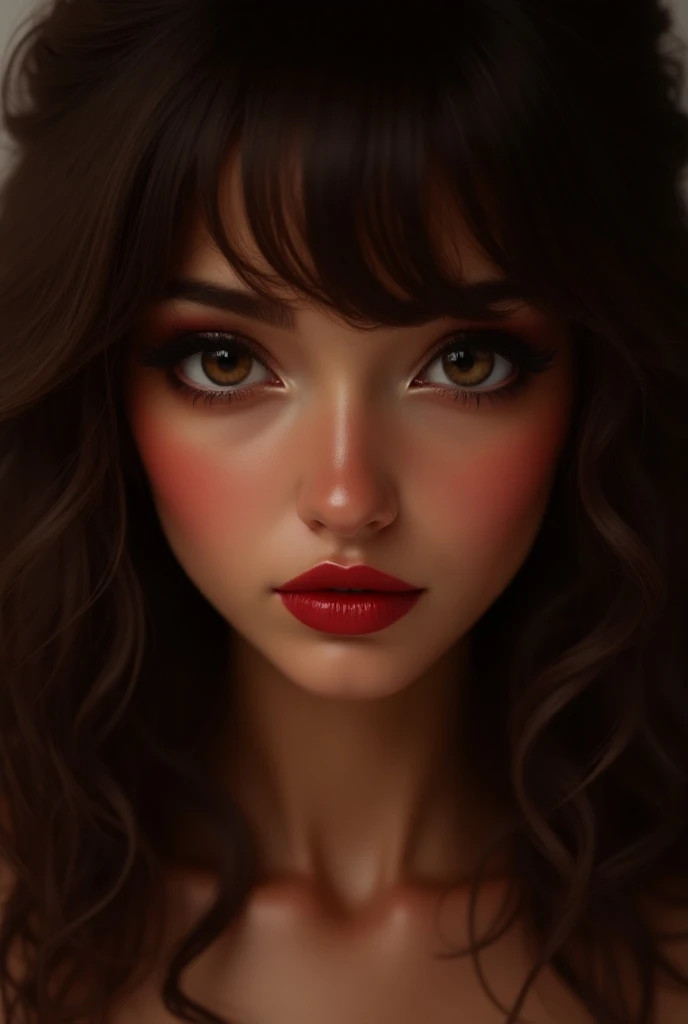 (young woman) ( big cheeks ) ( brown hair ) (round bangs) ( brown eyes ) (Scarlet lips) (dark complexion)