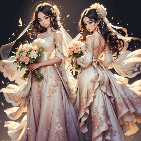 A woman dressed in a beautiful wedding gown, with intricate lace and floral details, is posed in an elegant and serene manner. She has long, flowing hair, styled in soft waves, with a delicate veil resting on her head. Her expression is peaceful, with soft...