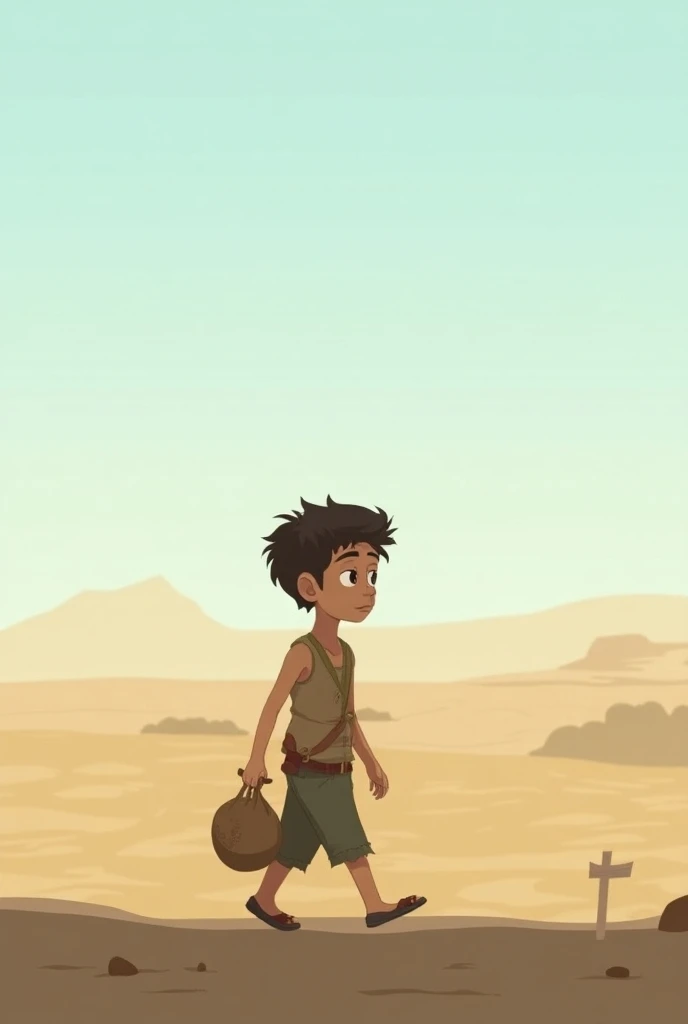  Animated  boy crossing a border with a bag, ( It must look like re poor )  horizontally by fa  