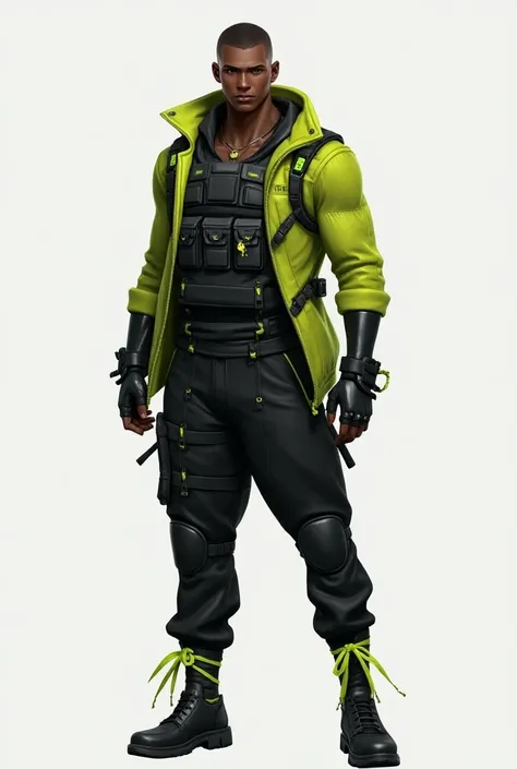 . A dark brown or half-black 2D character has a modern and athletic look.  He wears a black jumpsuit with fluorescent green details , , including a green jacket and a green tactical vest .  The vest has straps and pockets ,  suggesting a utilitarian and hi...