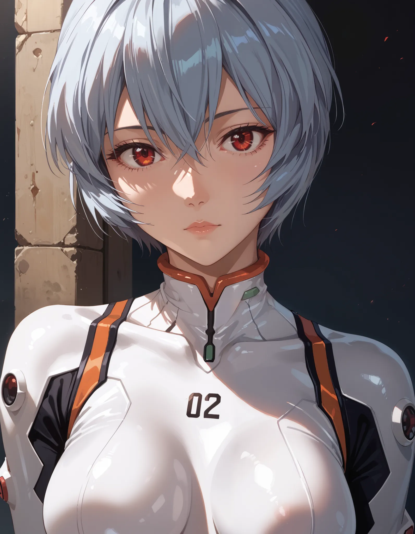 score_9, score_8_up, score_7_up, score_6_up, score_ANIME,
looking at viewer,
1girl, ayanami rei \( neon genesis evangelion\), expressionless,  red eyes,  (number 00 on chest),
medium breasts, close up, 
white bodysuit,