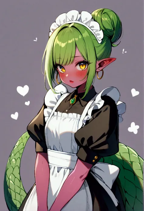 1girl, alone, looking at viewer, blush, hair in a bun, jewelry, tail, yellow eyes, short sleeves, lips, multicolored hair, earrings, green hair, pointed ears, puffy sleeves, apron, short puffy sleeves, maid , red skin, maid apron, hoop earrings, dragon tai...