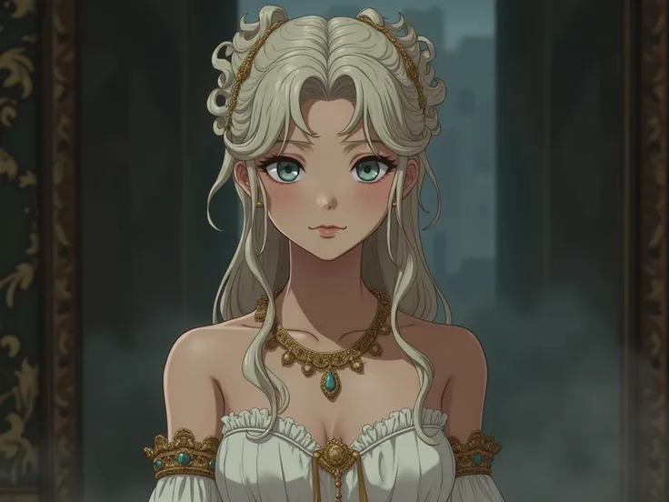 This is a fantasy art work from Japanese animation, depicting a beautiful ancient Roman girl, wearing an elegant ivory white classical dress, a gold necklace set with various jewelry, and a gold bracelet. Her flaxen locks were styled intricately yet effort...