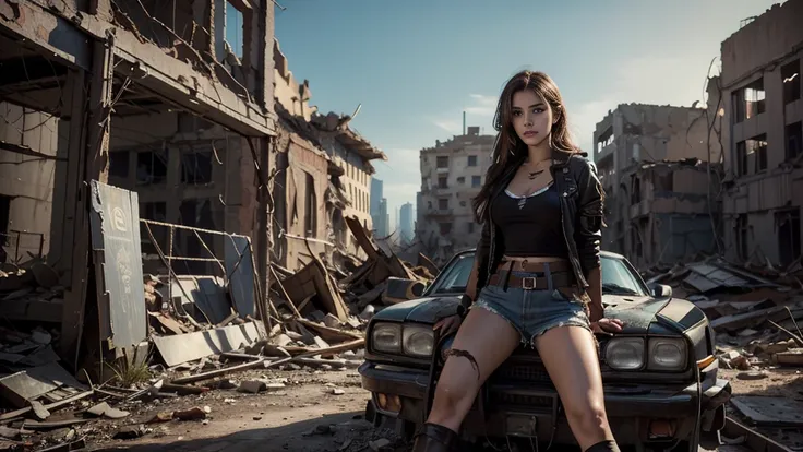 masterpiece, high resolution ,8K,(Portrait Photos:1.5),(R Original Photo),Reality,Digital Photography,(Apocalyptic ruins ),City ruins，beautiful 20 year old woman，sentry， post-apocalyptic scene，Close-range photography， broken clothes