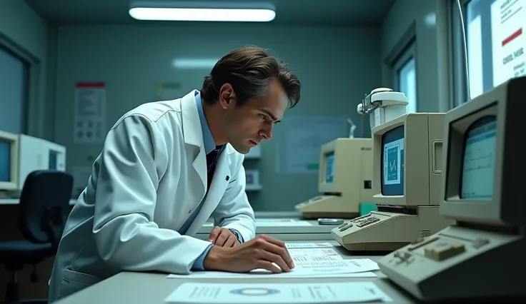 "Mid-1980s laboratory, a scientist in a white lab coat examining test results, a computer with early digital displays showing data, old medical equipment in the background, soft fluorescent lighting on the workspace, hyper-realistic, cinematic focus on sci...