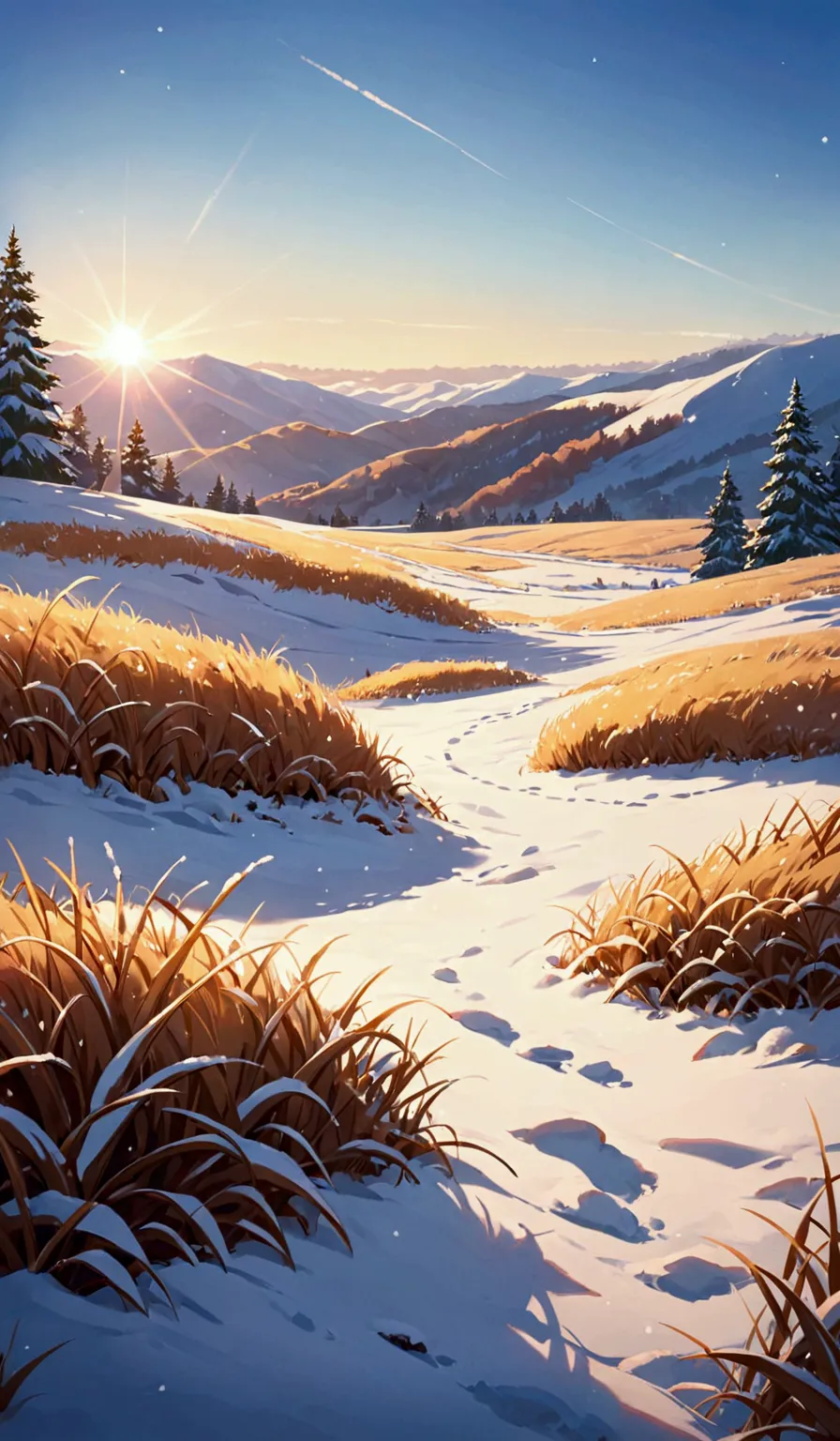 the grass is covered with light snow， and the warm winter sun is in the distance