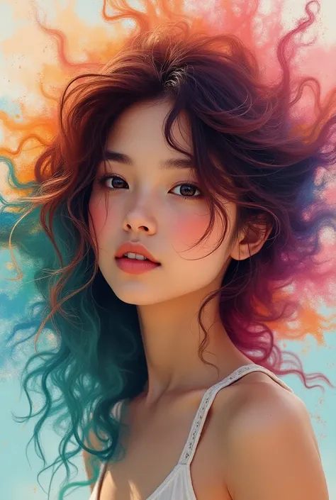 Colorful beautiful woman, a woman 18-years old, multiple color messy hair, watercolor, nice perfect face, multiple colors, intricate detail, splash screen, 8k resolution, masterpiece, cute face,art station digital painting smooth veryBlack ink flow, 8k res...