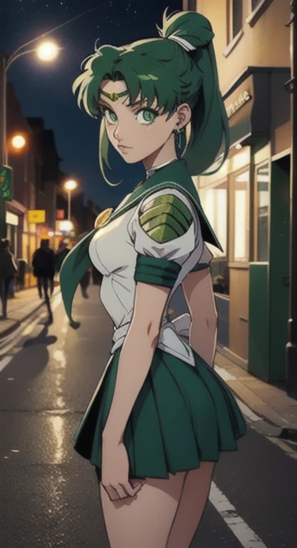 Girl, green hair, emerald eyes, green  sailor moon uniform, streets at night,