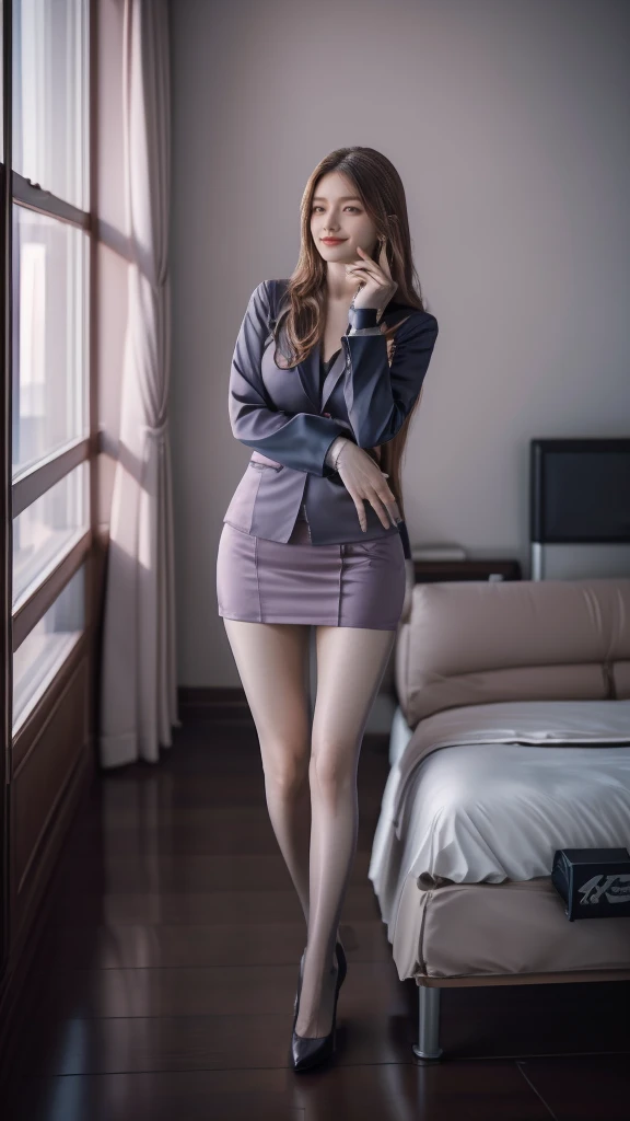 ((( Supreme Masterpiece)))，((( 8K quality)))，Waist-length hair，(Brown Hair)， very beautiful women ， Japanese，40 years old，((( wearing a business suit :1.5), (Shiny business suit, Shiny suit set,  business jacket for bedroom, Tight business skirt,  mini ski...