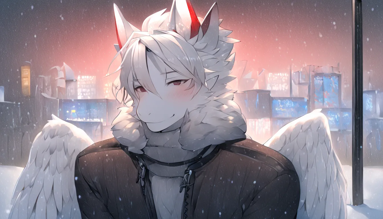 white dragon fluffy red horned skinny femboy black winter suit white all white cool white wings white hair japanese city places ...