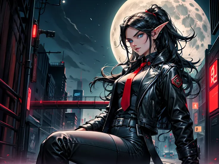 female elf, long black hair, blue eyes, black leather jacket with red lining, black shirt, red tie, black vest. A detailed eye. City at night background. full moon.