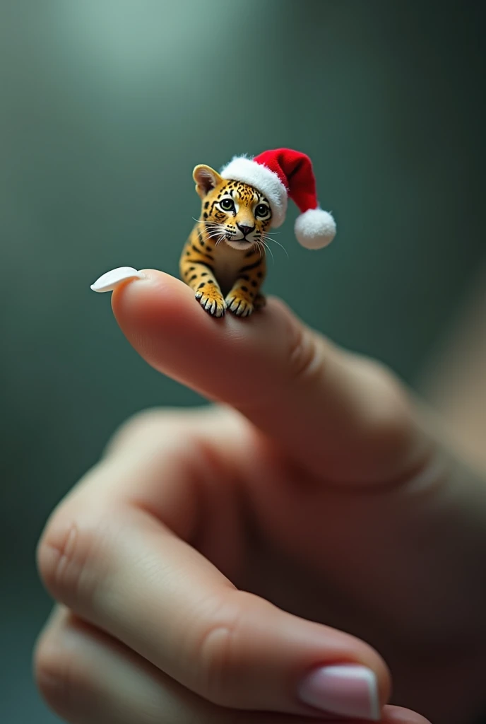  A surreal image of a , ,  apparently smaller than a single segment of a womans finger ,  perched on the tip of her index finger .  The body of a jaguars , with a Santa Claus hat , Its incredibly small ,  with its paws wrapped underneath it ,  creating a s...