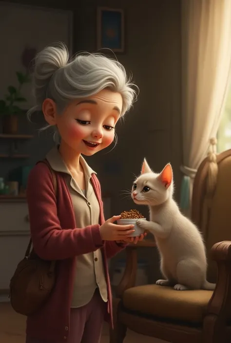 A cat being fed by an elderly woman