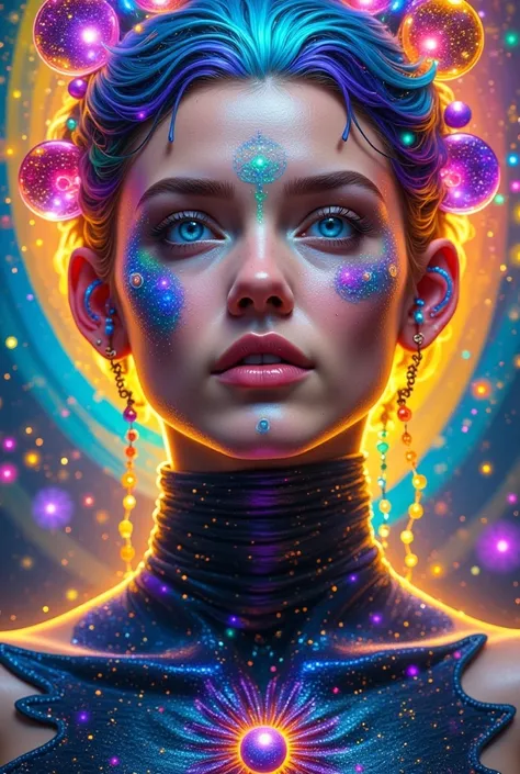 Create a high-quality, ultra-detailed portrait image of a music lover whose marvelous face is well-detailed, creating a mesmerizing effect. The skin of the music lover resembles a texture with engraved musical notes and symbols of cosmic origin from a neig...