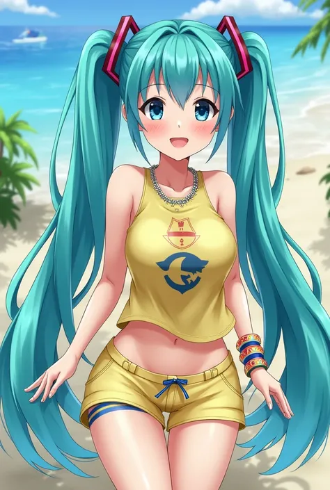 Miku hatsune,dinamic pose,brazilian clothes ,very short shorts, colorful bracelet,smile,lets go with the uncovered shorts ,good hatsune