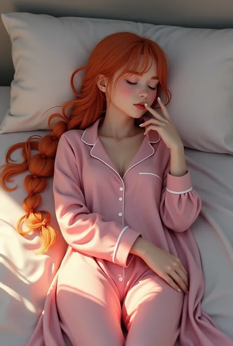 Sleeping girl, 22 years old, realistic, she is wearing long pants, she is wearing pink pajama, braided organe hair 
