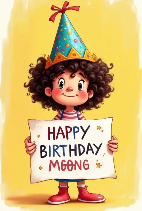 Mafalda wearing a happy birthday hat with a sign that says "Happy birthday mom"