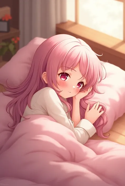 An anime girl lying on a bed 