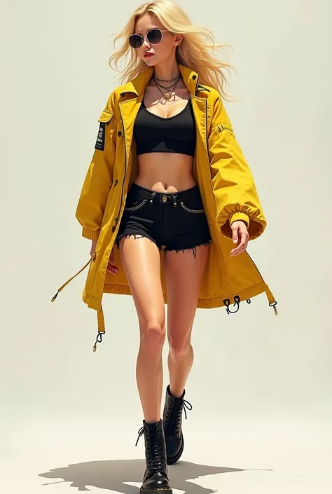 Blonde who wears a black blouse under a light yellow jacket that revealed her belly ,  along with black mini-shorts and doc martens that hit the ground with every step she took