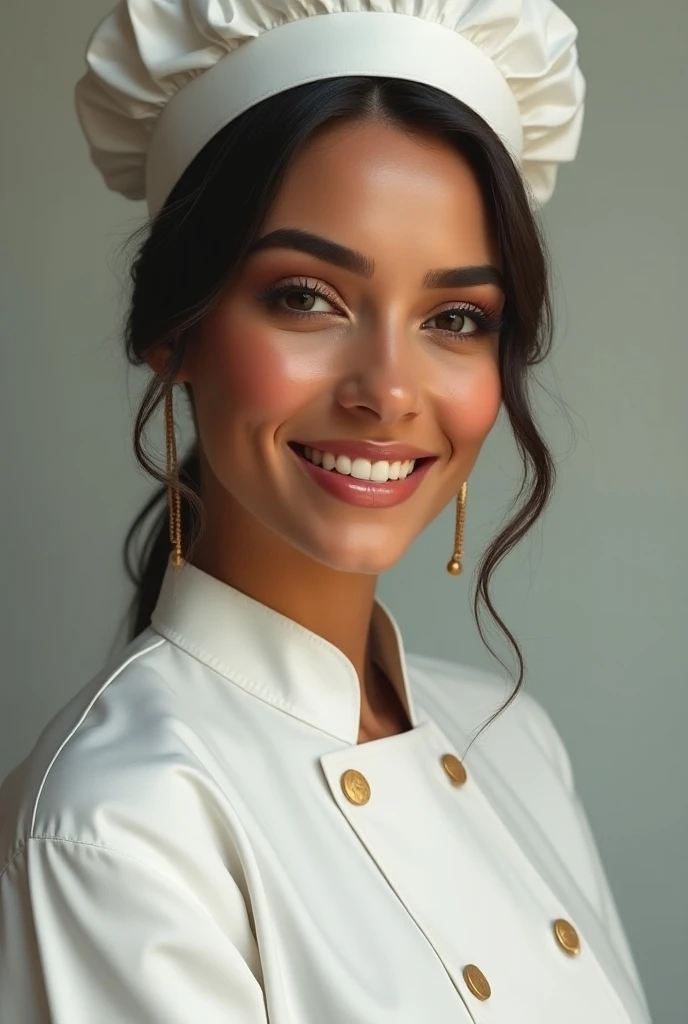 Generate an ultra realistic smiling Brazilian woman , king,  confectioner, in confectioner&#39;s clothes.