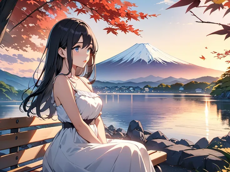 Asahi、lake、Mount Fuji、,The moon is beautiful 、(masterpiece, Best Quality:1.2), Illustration, anime, (Wide Shot), Model shoot, One girl, (Under the arms), Long black hair, Pretty lips, Beautiful Face, beautiful eyes, White sundress, Backlight, Vibrant color...