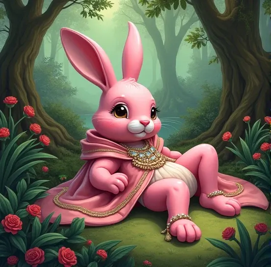 The pink rabbit lives a luxurious life in the forest comfortably. The picture is in the style of Aesops fables for ren.